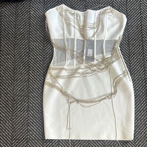 Strapless White Dress with Silver Chain Detail